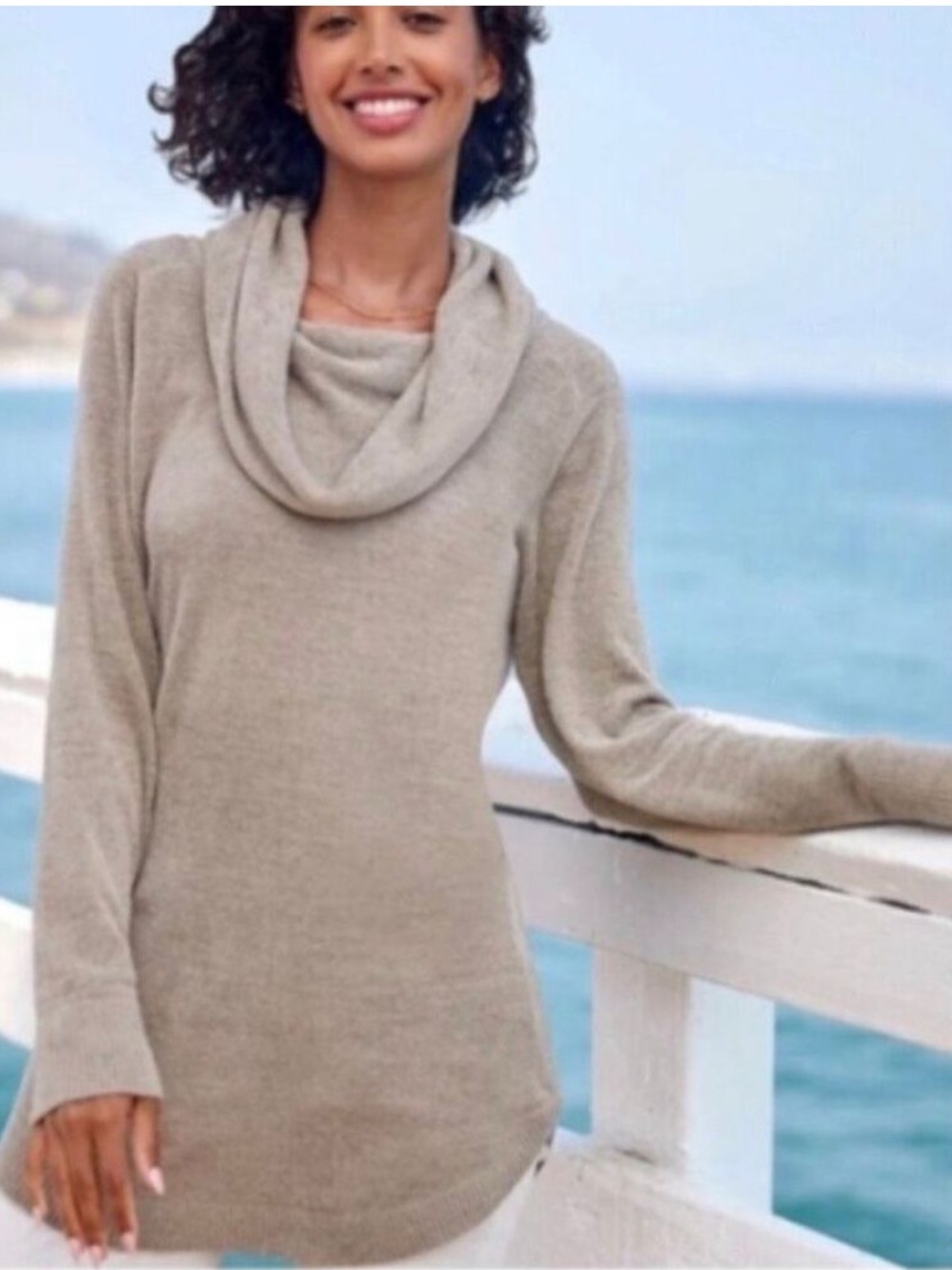 Barefoot Dreams Sz 1X Dark Khaki CozyChic Ultra Lite Coastal Cowl Neck Tunic NWT